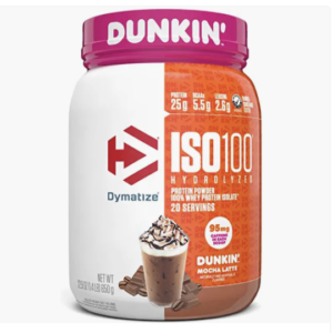 Dymatize ISO100 Hydrolyzed Protein Powder in Dunkin' Mocha Latte Flavor, 100% Whey Isolate Protein, 25g Protein, 95mg Caffeine, 5.5g BCAAs, Gluten Free, Fast Absorbing, Easy Digesting, 20 Servings